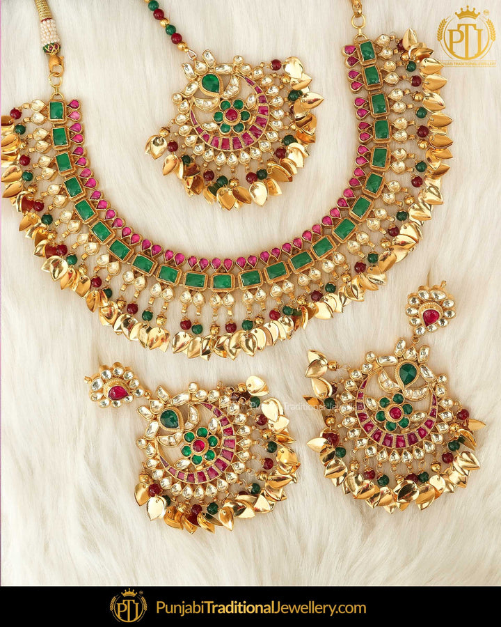 Gold Finished Rubby Emerald Kundan Pippal Patti Necklace Set | Punjabi Traditional Jewellery Exclusive