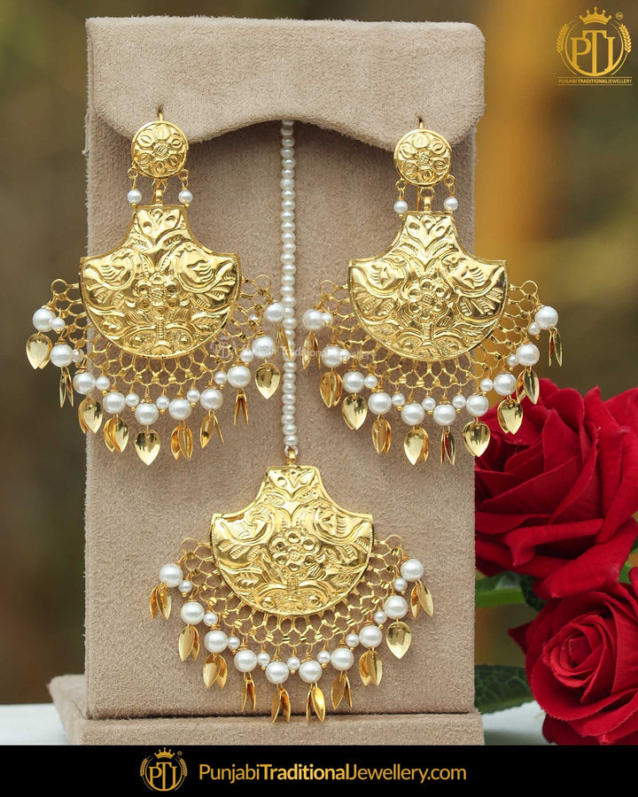 Gold Finished Pippal Patti Patra Earring Tikka Set | Punjabi Traditional Jewellery Exclusive
