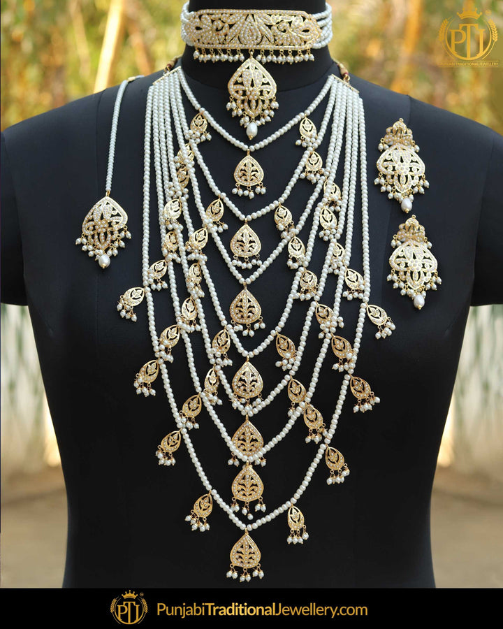 Gold Finished Pearl Bridal Jadau Choker With Long Necklace Set | Punjabi Traditional Jewellery Exclusive