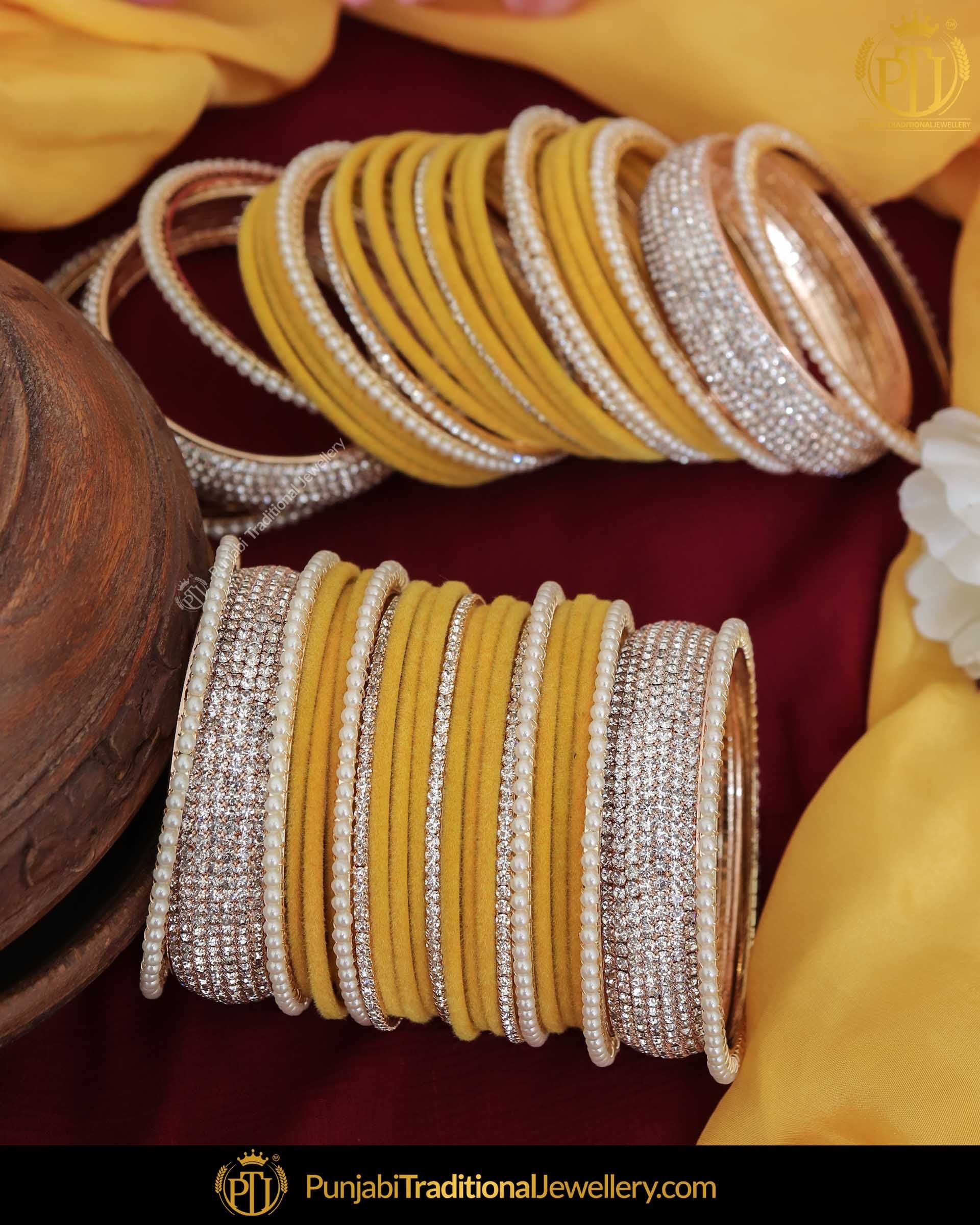 AD Stone Yellow Thread Pearl Bangles Set (Both Hands Pair) | Punjabi Traditional Jewellery Exclusive