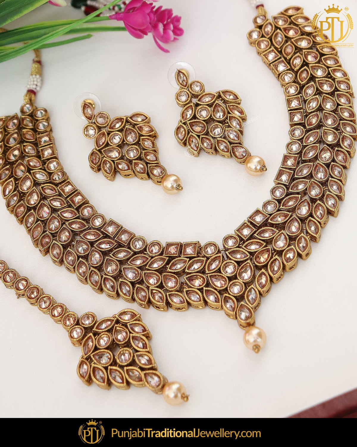 Gold Finished Chamapgne Stone Pearl Choker Necklace Set | Punjabi Traditional Jewellery Exclusive