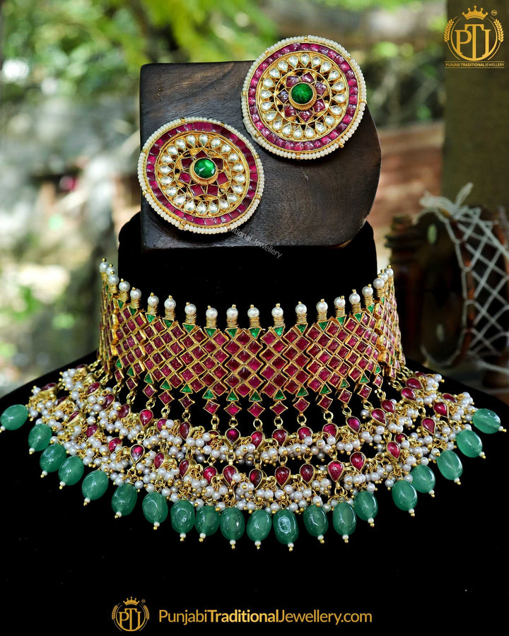 Gold Finished Rubby Emerald Pearl Kundan Choker Necklace & Stud Earrings | Punjabi Traditional Jewellery Exclusive