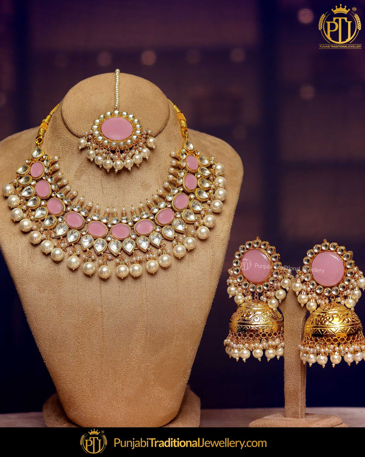 Gold Finished Kundan Pearl Pink Necklace Set | Punjabi Traditional Jewellery Exclusive
