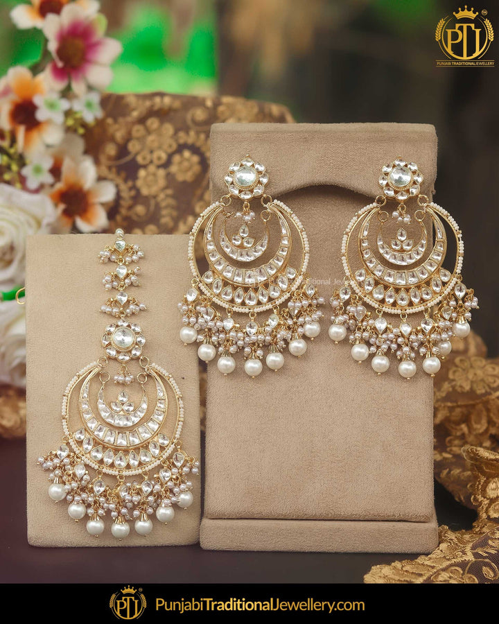 Gold Finished Kundan Pearl Earring Tikka Set | Punjabi Traditional Jewellery Exclusive