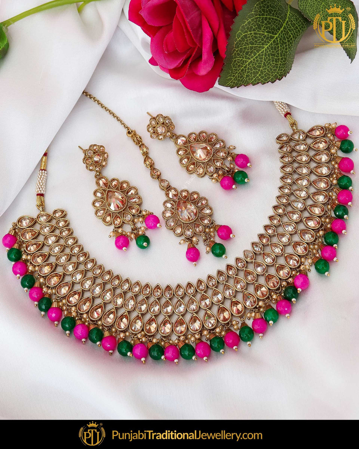 Antique Gold Finished Emerald Pink Chamapgne Stone Necklace Set | Punjabi Traditional Jewellery Exclusive