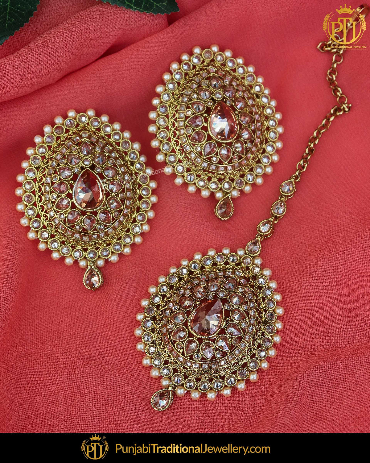Gold Finished Champange Stone Earring Tikka Set | Punjabi Traditional Jewellery Exclusive