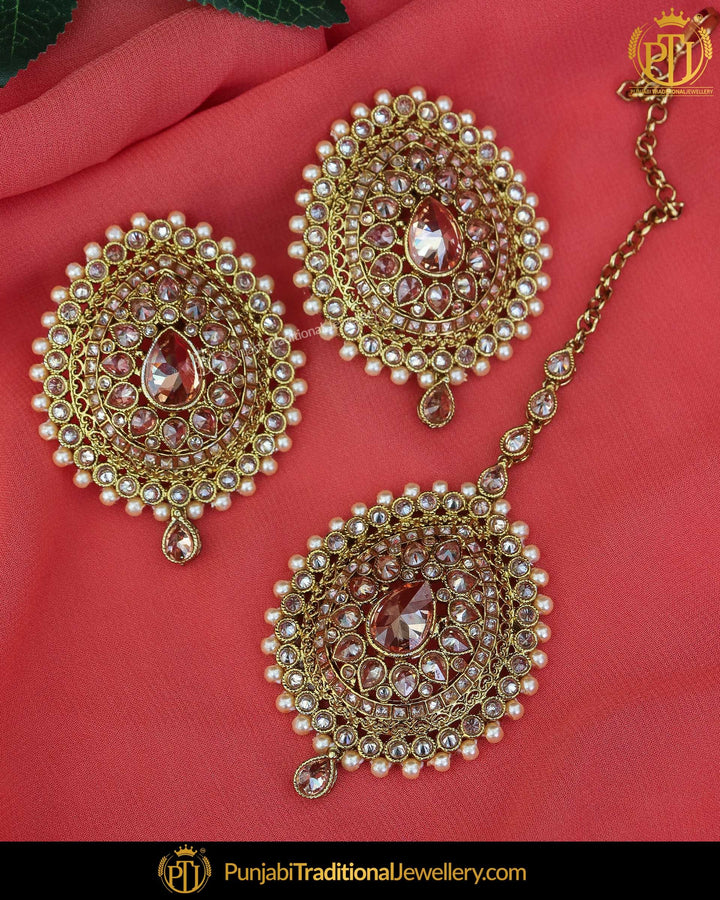 Gold Finished Champange Stone Earring Tikka Set | Punjabi Traditional Jewellery Exclusive