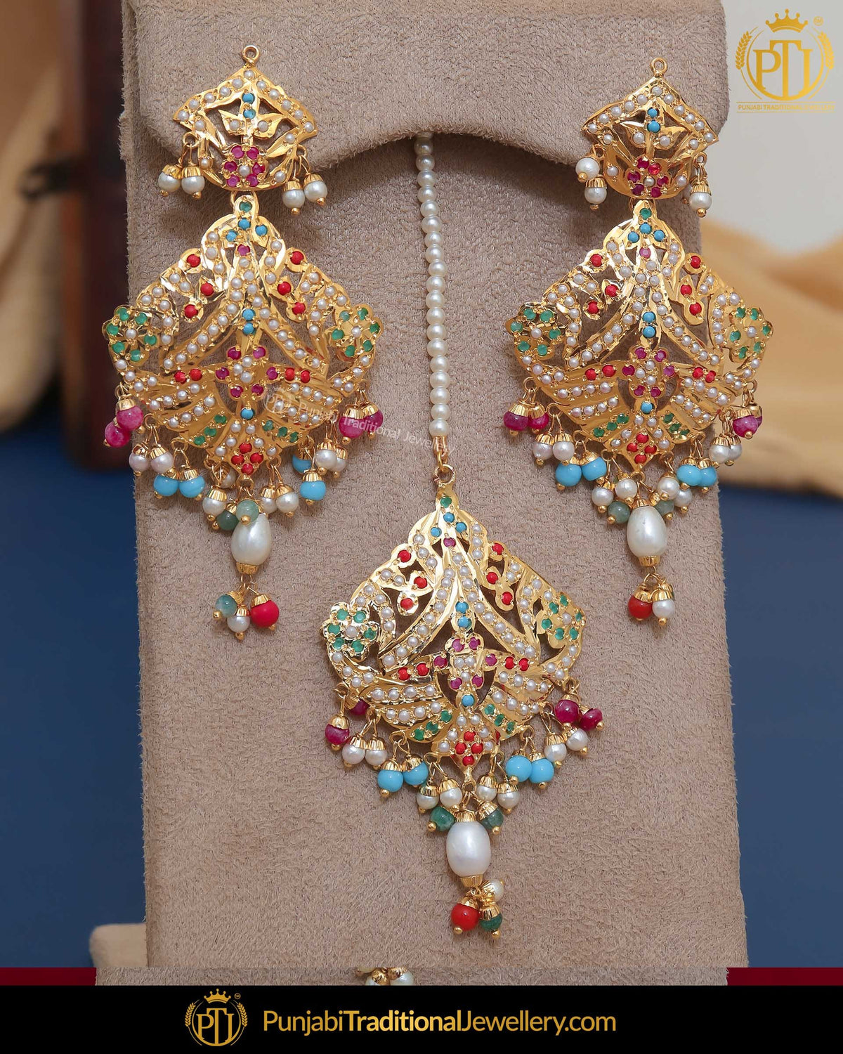 Gold Finished Jadau Multi Earring Tikka Set | Punjabi Traditional Jewellery Exclusive