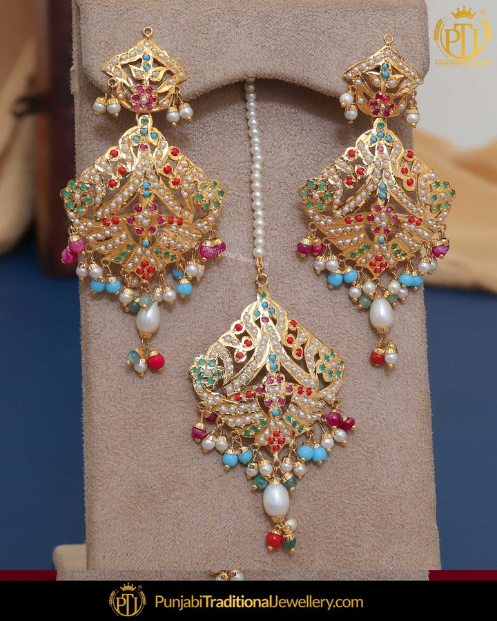 Gold Finished Jadau Multi Earring Tikka Set | Punjabi Traditional Jewellery Exclusive
