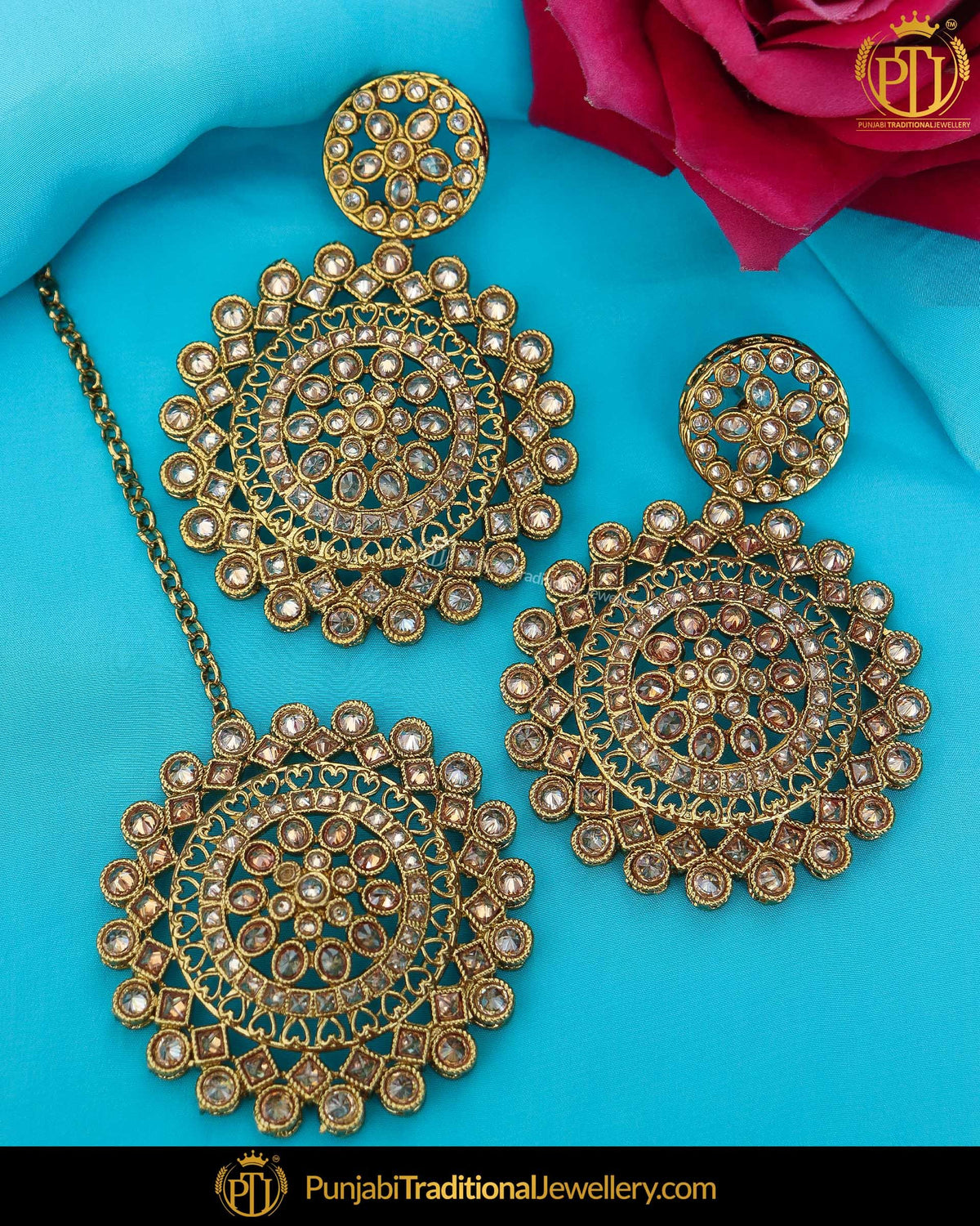 Gold Finished Chamapgne Stone Pearl Earring Tikka Set | Punjabi Traditional Jewellery Exclusive
