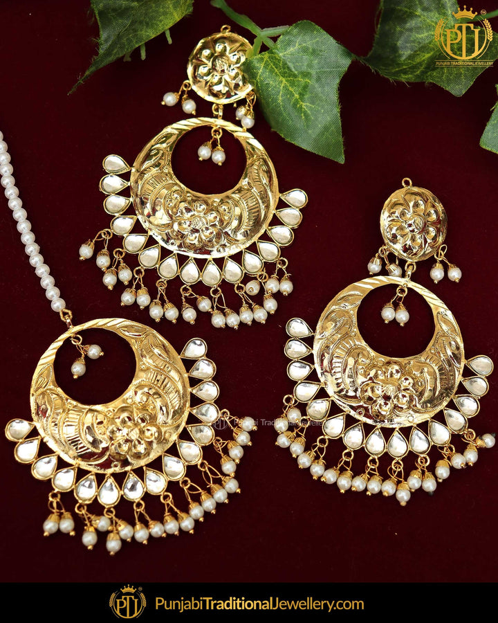 Gold Finished Kundan Patra Pearl Earring Tikka Set  | Punjabi Traditional Jewellery Exclusive