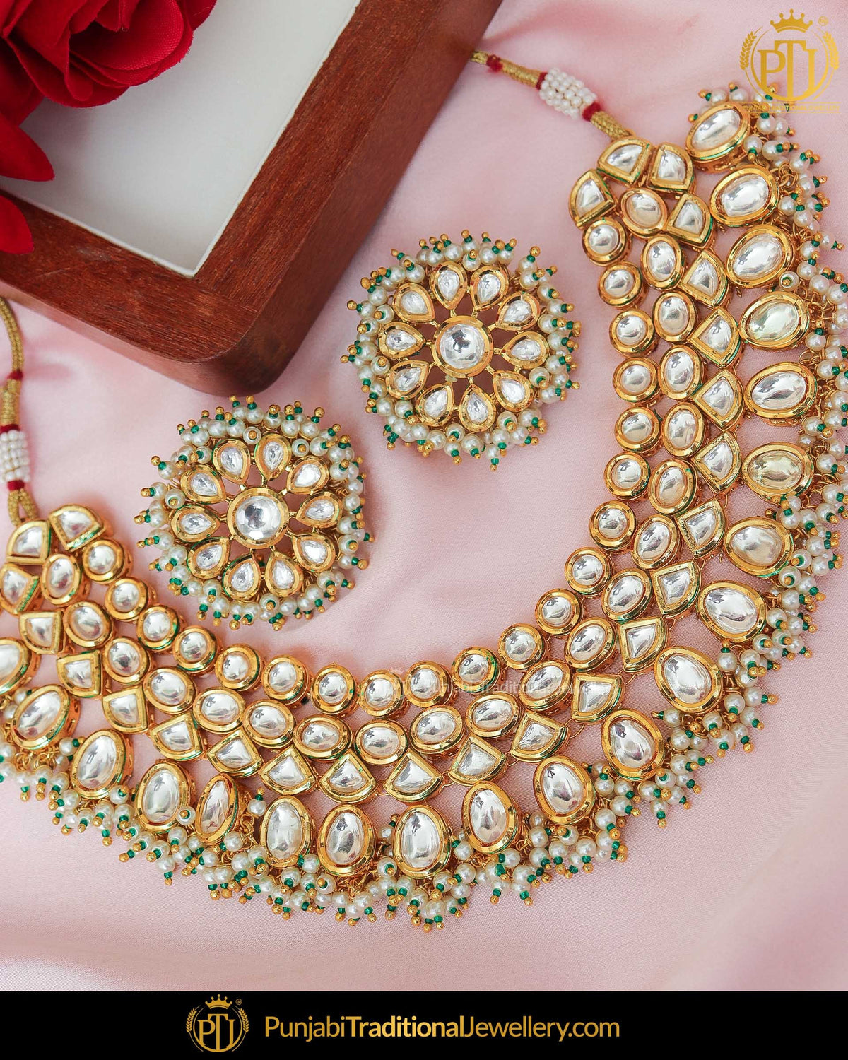 Gold Finished Emerald Kundan Necklace & Stud Earrings | Punjabi Traditional Jewellery Exclusive