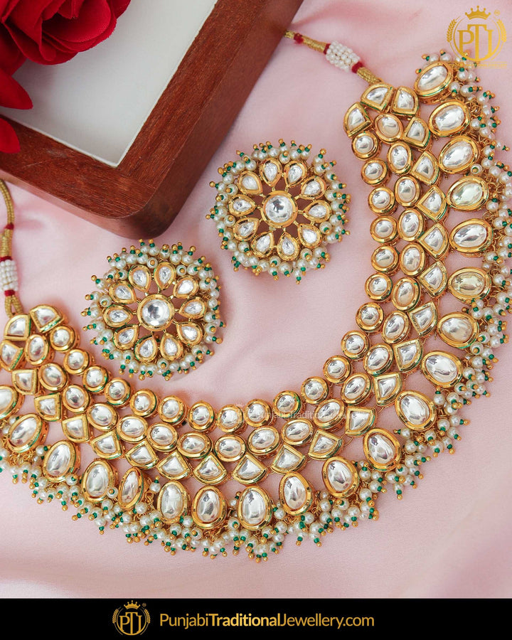 Gold Finished Emerald Kundan Necklace & Stud Earrings | Punjabi Traditional Jewellery Exclusive