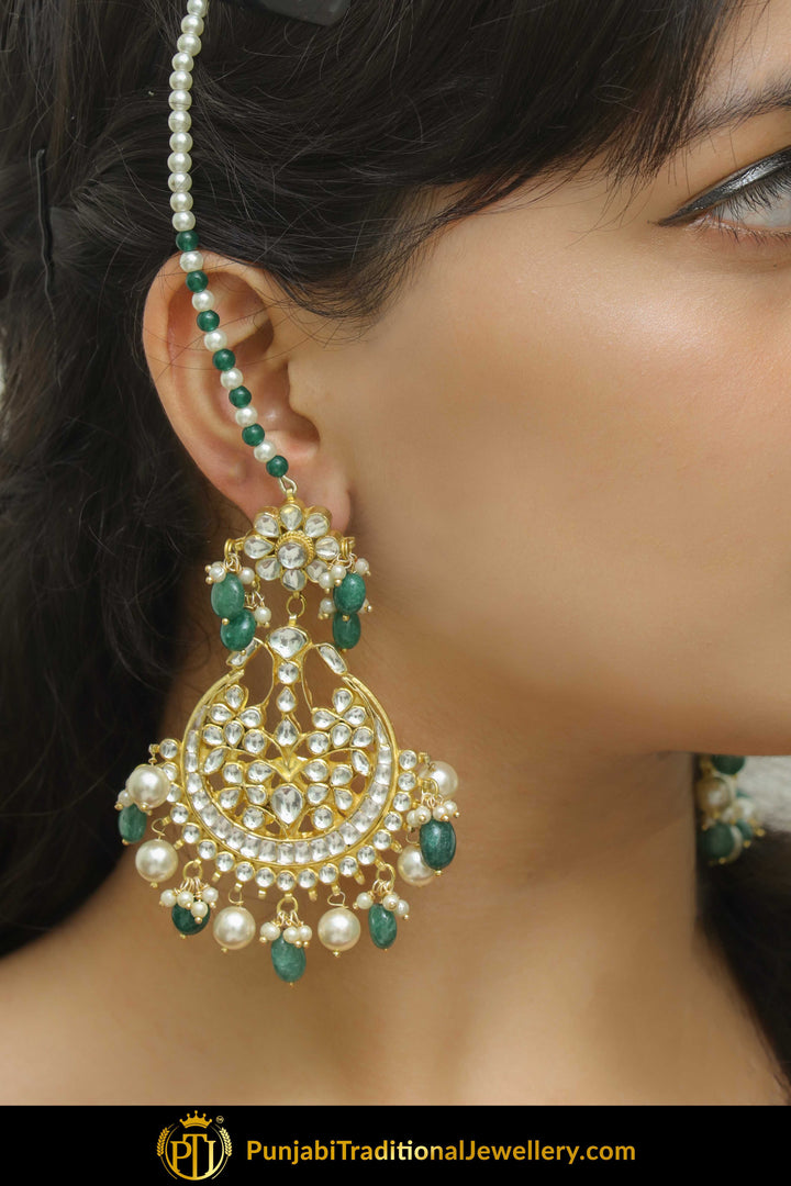 Benazir Emerald Kundan Pearl Sahare Earrings With Tikka | Punjabi Traditional Jewellery