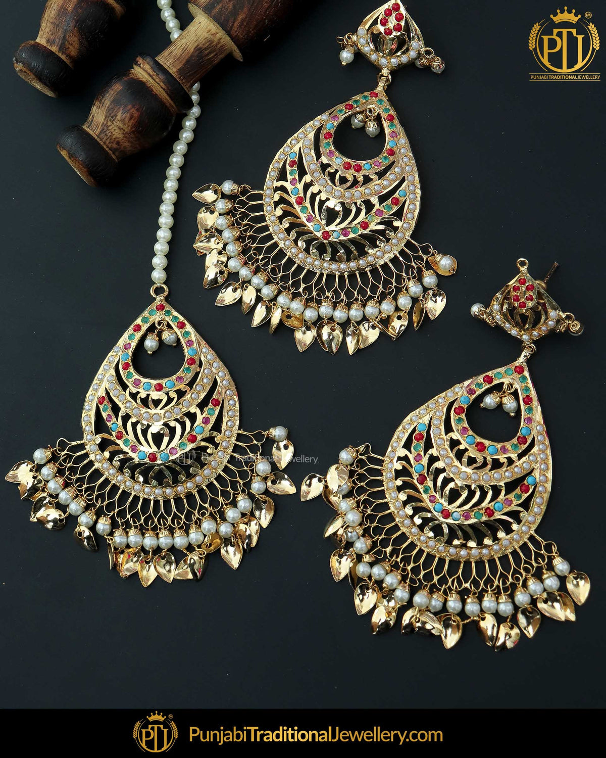 Gold Finished Navratan Pippal Patti Jadau Earring Tikka Set | Punjabi Traditional Jewellery Exclusive