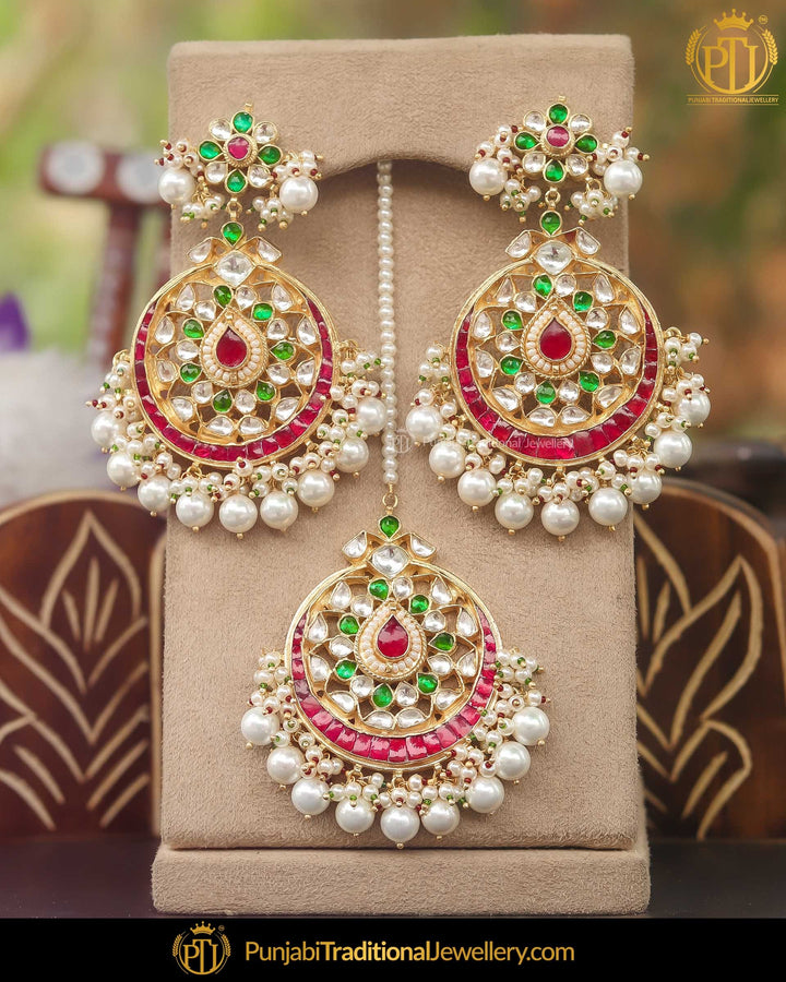 Gold Finished Kundan Pearl Rubby Green Earring Tikka Set | Punjabi Traditional Jewellery Exclusive
