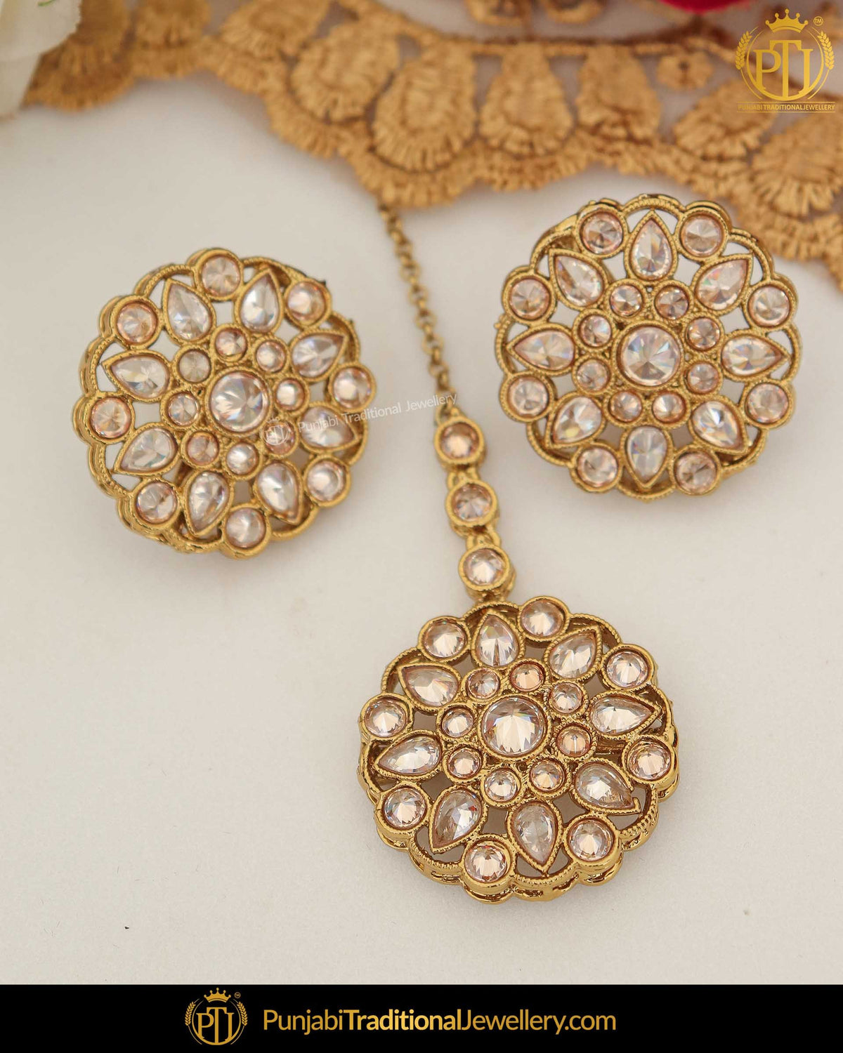 Gold Finished Champagne Stone Pearl Stud Earring Tikka Set | Punjabi Traditional Jewellery Exclusive