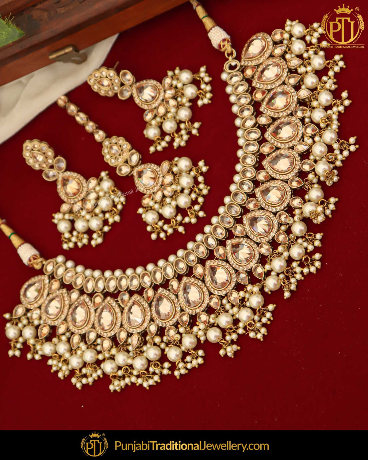 Gold Finished Champagne Stone Pearl Necklace Set | Punjabi Traditional Jewellery Exclusive