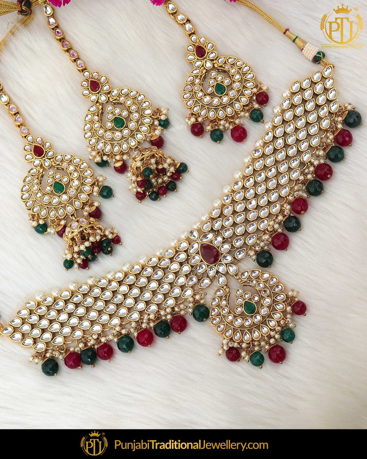 Gold Finished Emerald Rubby Kundan Pearl Necklace Set | Punjabi Traditional Jewellery Exclusive