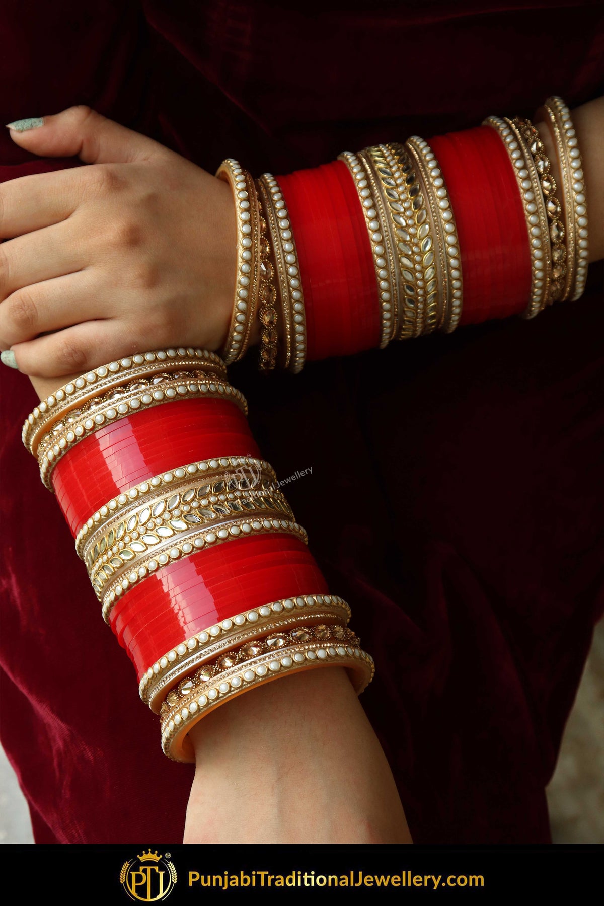 Gold Finished Polki Red Bridal Chura | Punjabi Traditional Jewellery Exclusive