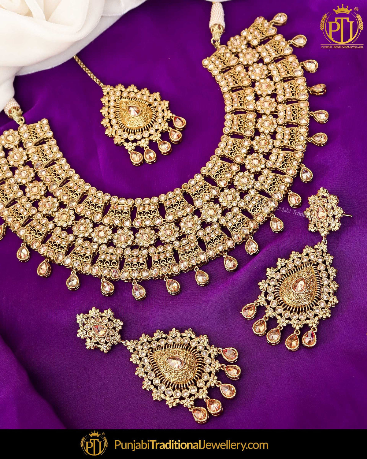 Antique Gold Finished Chamapgne Stone Necklace Set | Punjabi Traditional Jewellery Exclusive
