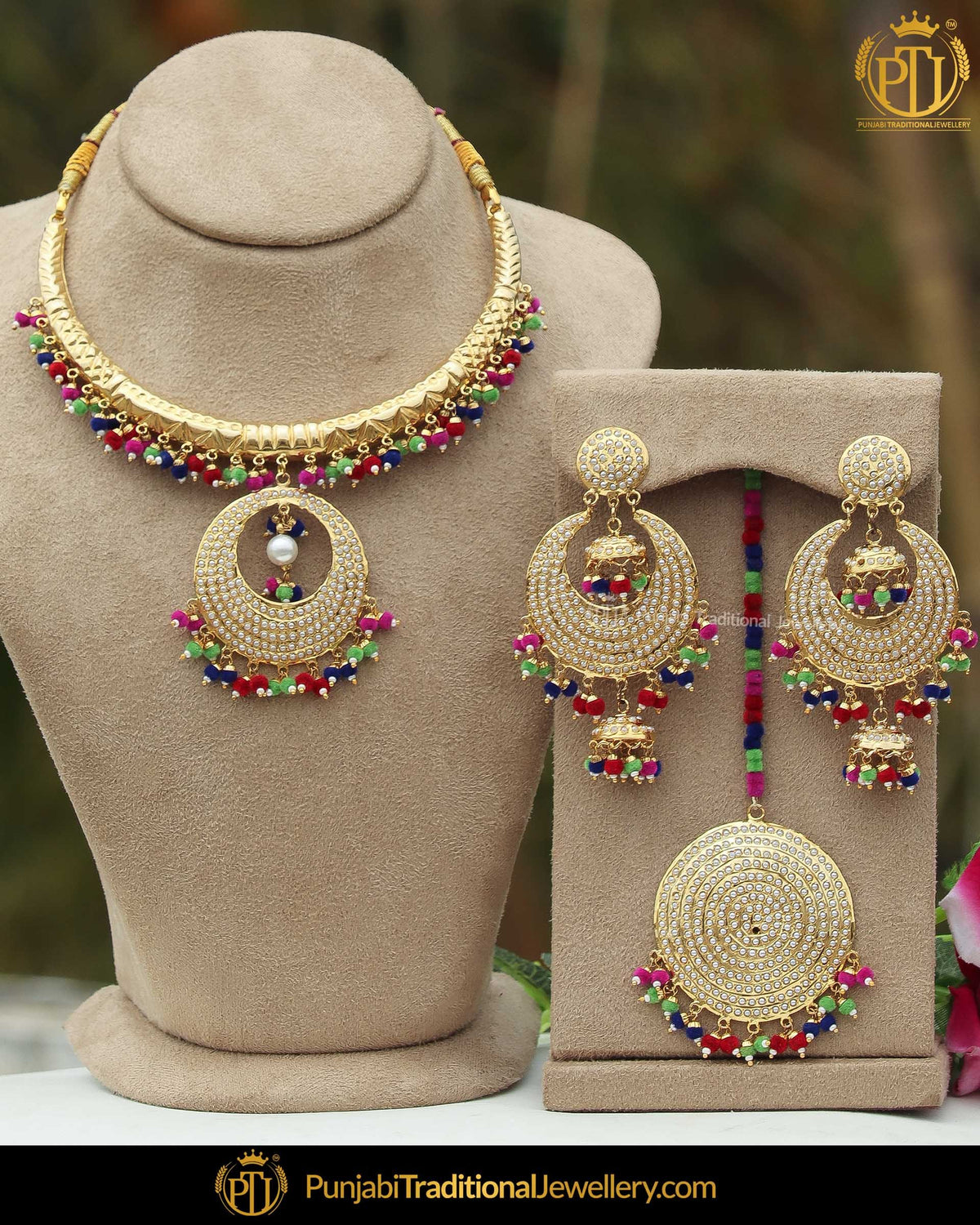 Gold Finished Navratan Jadau Hasli Necklace Set | Punjabi Traditional Jewellery Exclusive