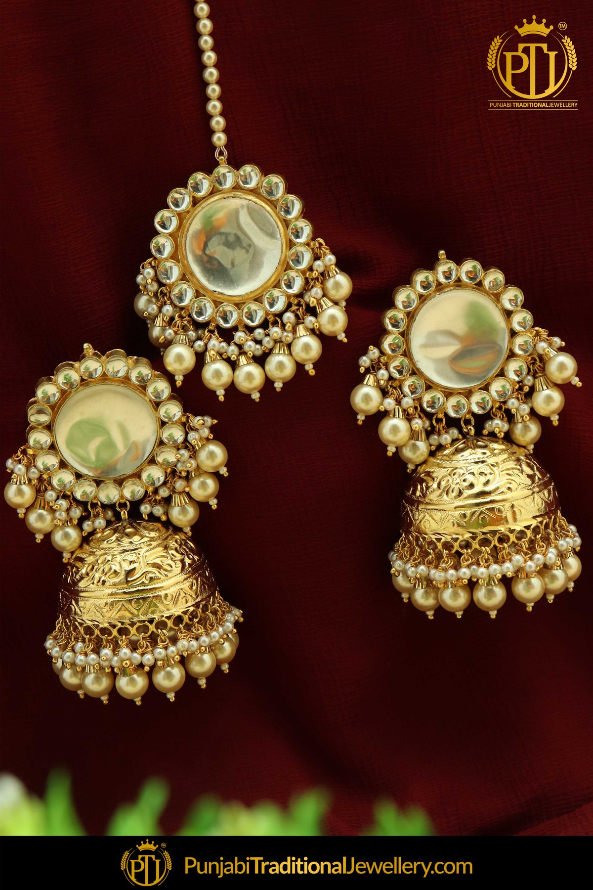 Golden Kundan Stud Jhumki Earrings & Stud Tikka Set | Punjabi Traditional Jewellery Exclusive