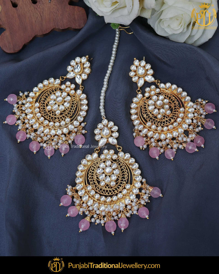 Gold Finished Pearl Pink Kundan Earring Tikka Set | Punjabi Traditional Jewellery Exclusive
