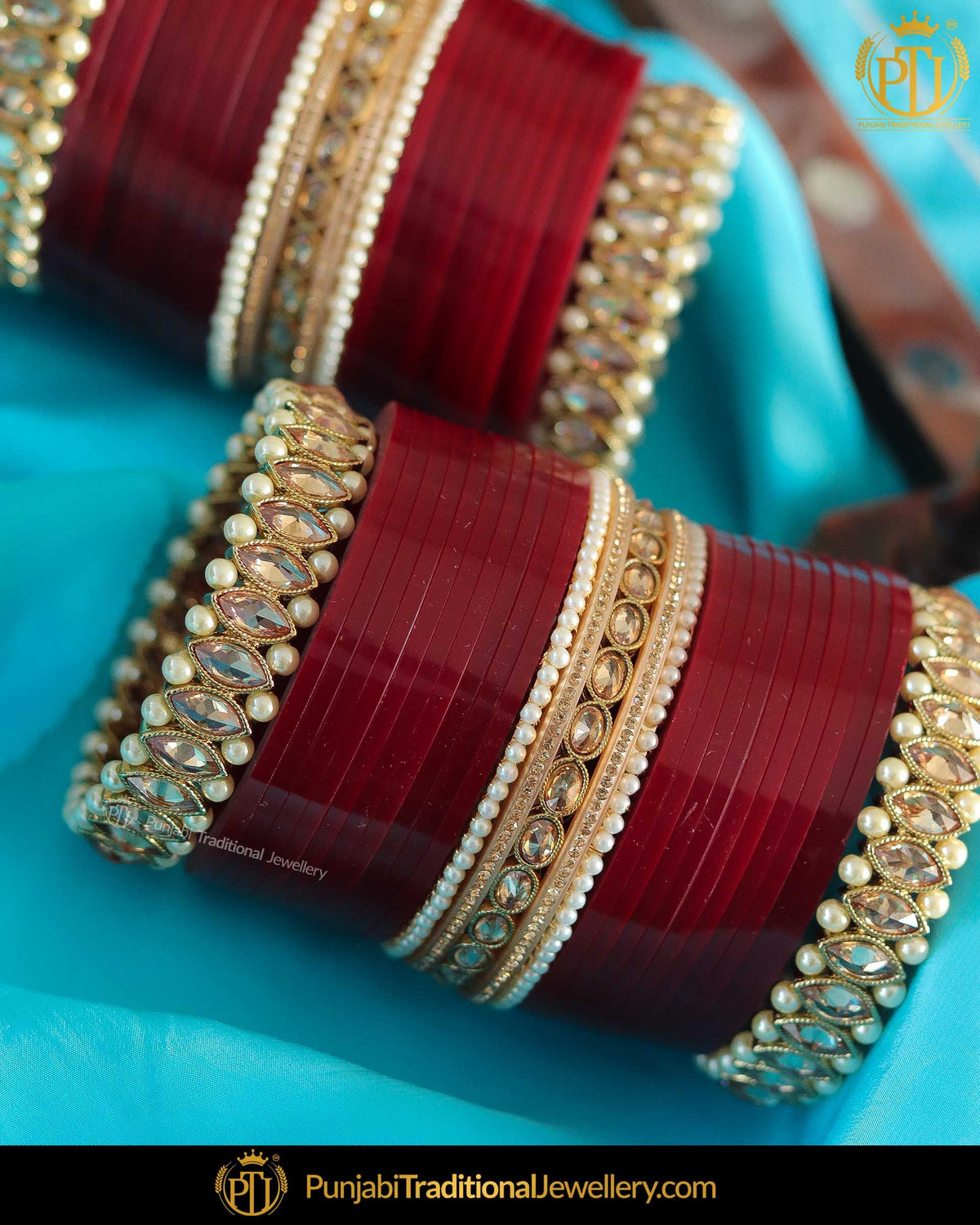 Maroon Pearl Champagne Stone Bridal Chura | Punjabi Traditional Jewellery Exclusive