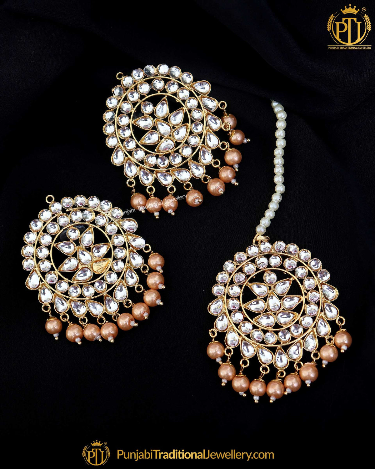 Gold Finished Kundan Metallic Gold Stud  Earring Tikka Set By Punjabi Traditional Jewellery