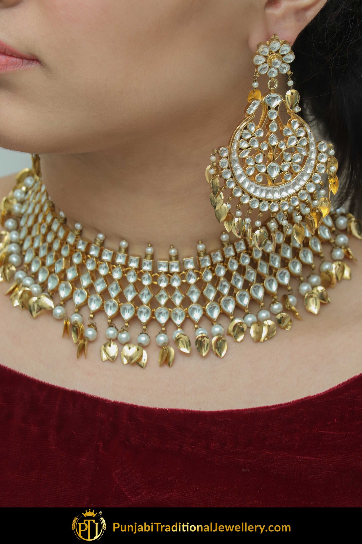 Faiqa Kundan Pippal Patti Pearl Necklace Set | Punjabi Traditional Jewellery Exclusive