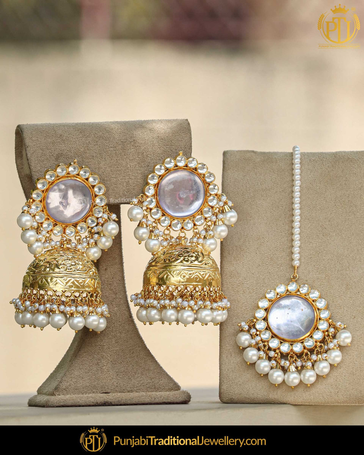 Gold Finished Kundan Pearl Jhumki Earrings & Tikka  | Punjabi Traditional Jewellery Exclusive