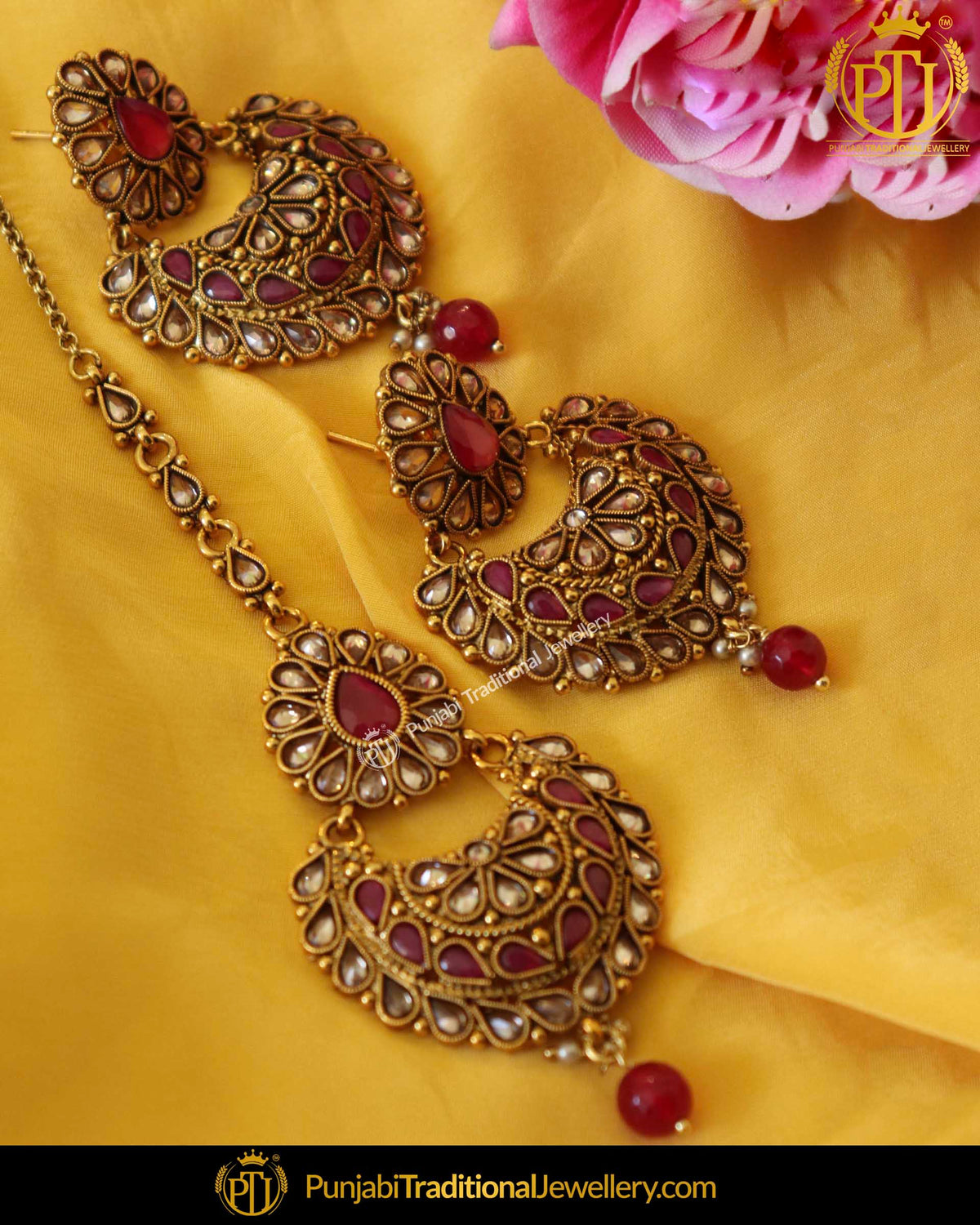 Champagne Stone Red Pearl Earring Tikka Set | Punjabi Traditional Jewellery Exclusive