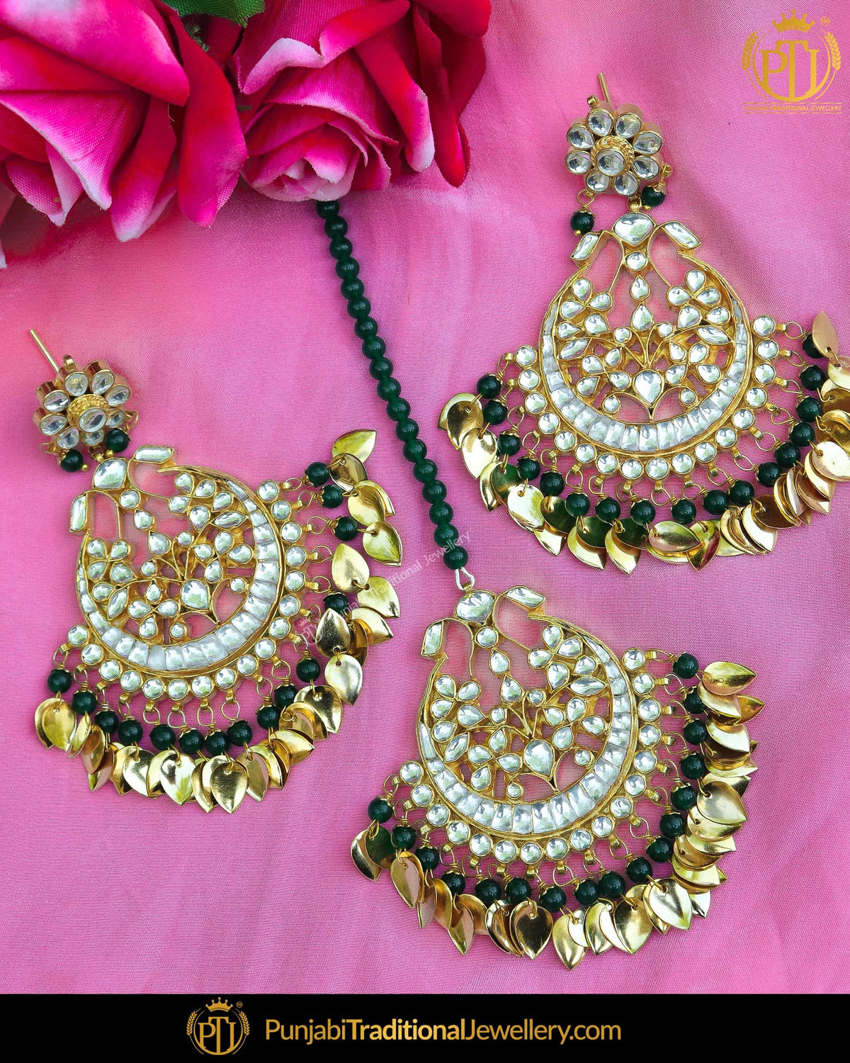 Gold Finished Pippal Patti Emerald Pearl Kundan Earring Tikka Set | Punjabi Traditional Jewellery Exclusive