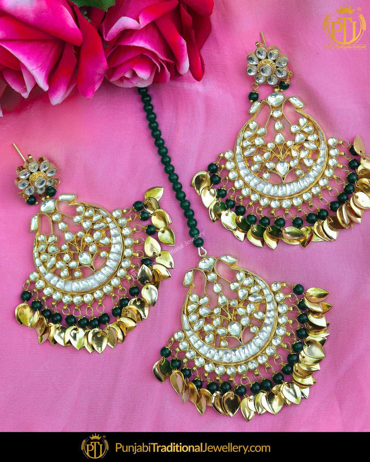 Gold Finished Pippal Patti Emerald Pearl Kundan Earring Tikka Set | Punjabi Traditional Jewellery Exclusive