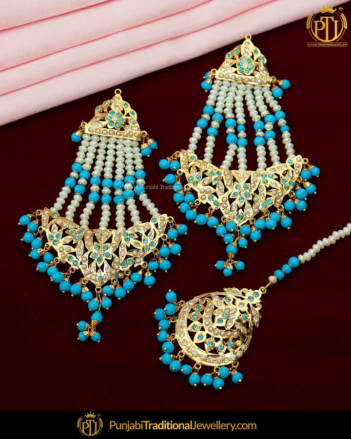 Gold Finished Firozi Jadau Pearl Earring Tikka Set | Punjabi Traditional Jewellery Exclusive