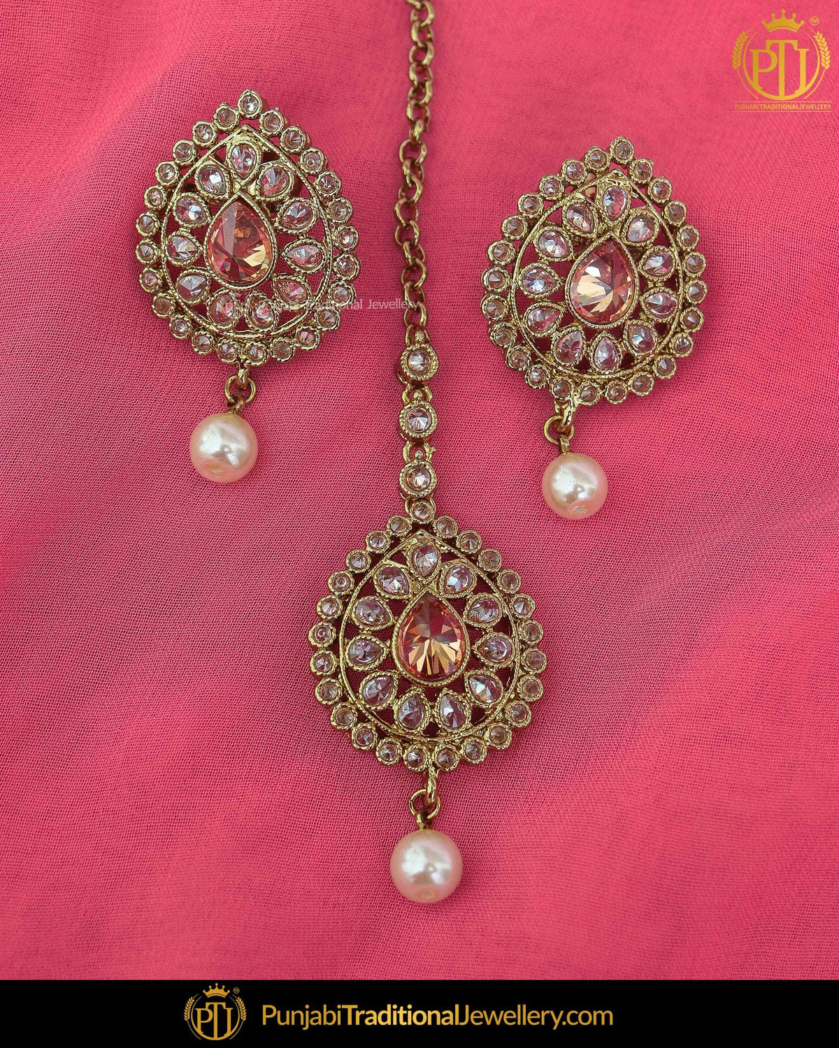 Antique Gold Finished Pearl Champagne Stone Stud Earrings & Tikka | Punjabi Traditional Jewellery Exclusive
