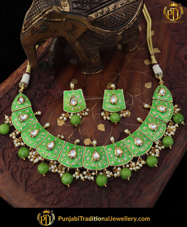Hand Painted Meena Green Pearl Kundan Necklace Set | Punjabi Traditional Jewellery Exclusive