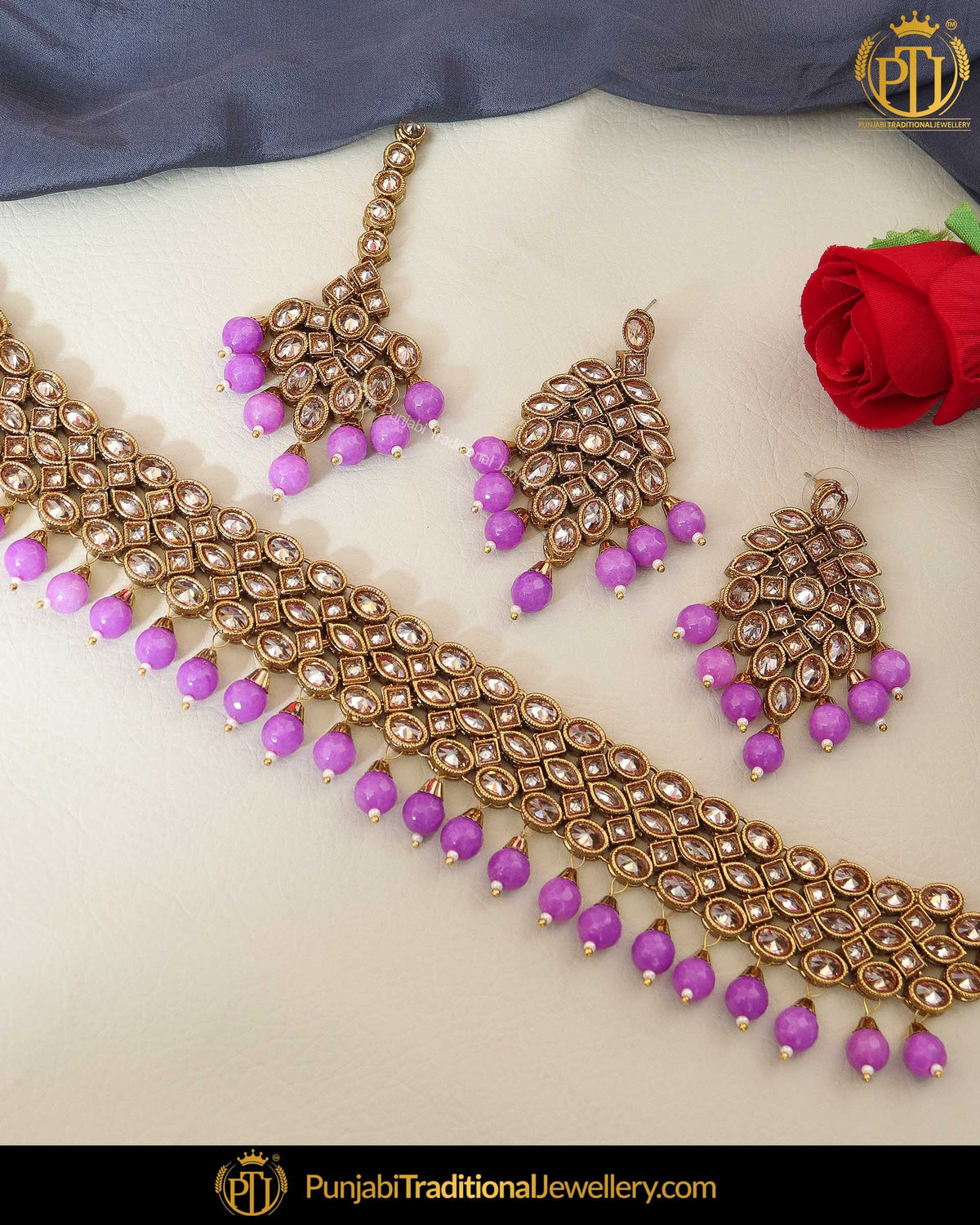 Gold Finished Pink Chamapgne Stone Pearl Choker Necklace Set | Punjabi Traditional Jewellery Exclusive