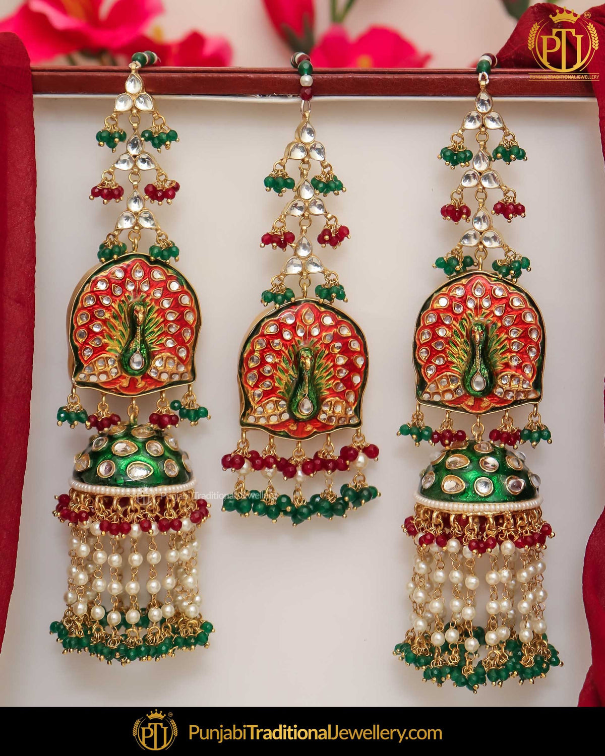 Hand Painted Meena Kundan Pearl Red Green Morni Sahare Earrings & Tikka | Punjabi Traditional Jewellery Exclusive