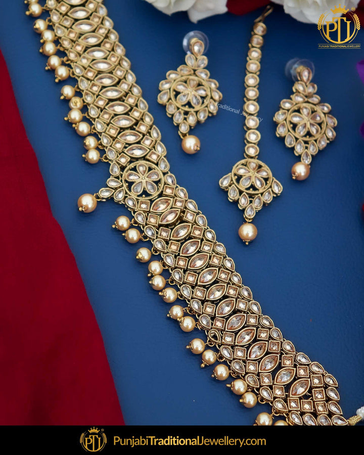 Gold Finished Champagne Stone Choker Necklace Set | Punjabi Traditional Jewellery Exclusive