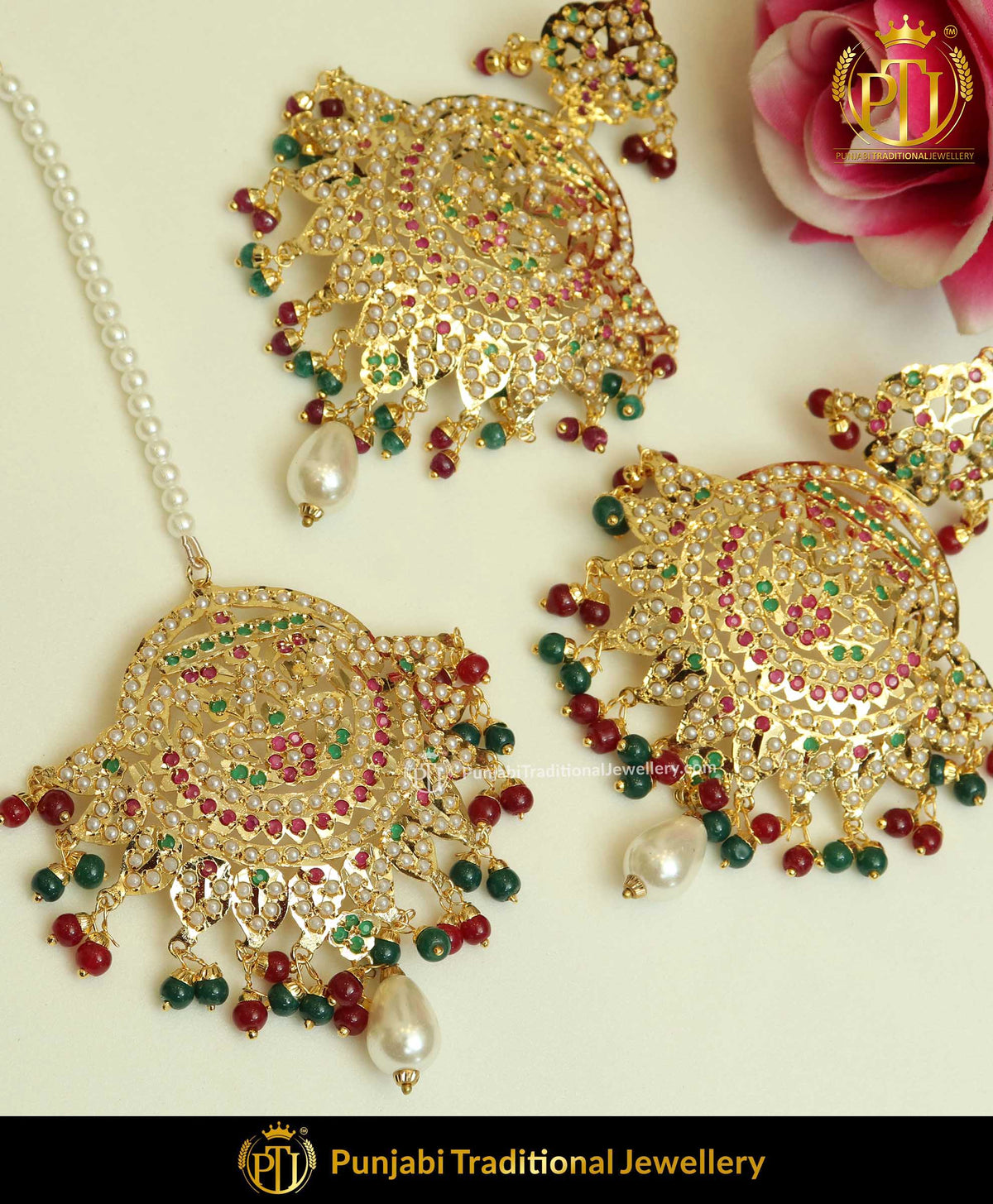 Gold Finished Jadau Rubby Emerald Earring Tikka Set | Punjabi Traditional Jewellery Exclusive