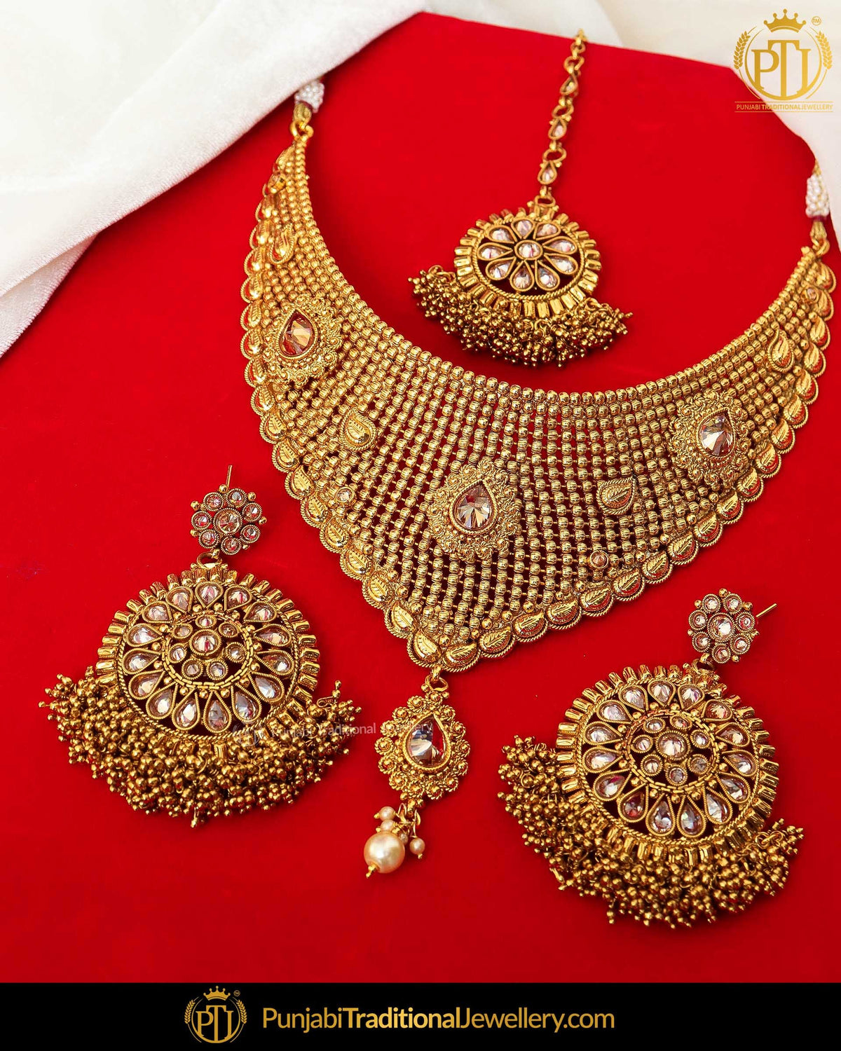 Antique Gold Finished Champagne Stone Choker Johda Necklace Set | Punjabi Traditional Jewellery Exclusive