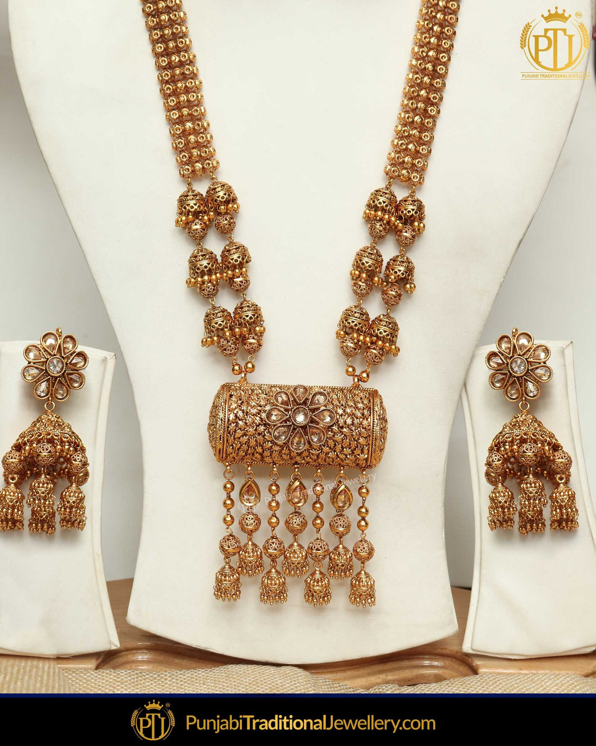 Antique Gold Finished Champagne Stone Long  Set  | Punjabi Traditional Jewellery Exclusive