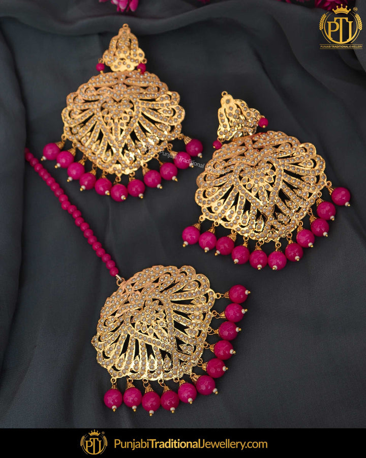 Gold Finished Pink Jadau Earring Tikka Set | Punjabi Traditional Jewellery Exclusive