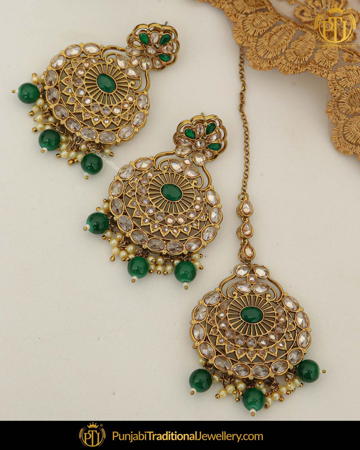 Antique Gold Finished Pearl Emerald Champagne Stone Earring Tikka Set | Punjabi Traditional Jewellery Exclusive
