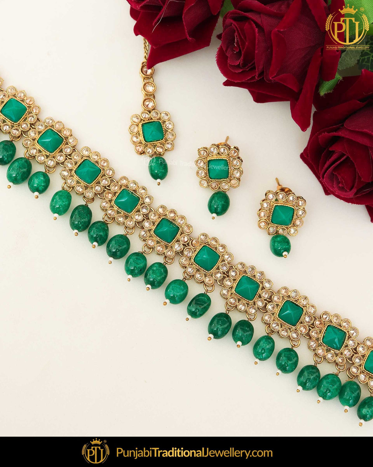Gold Finished Polki Stone Emerald Pearl Necklace Set | Punjabi Traditional Jewellery Exclusive