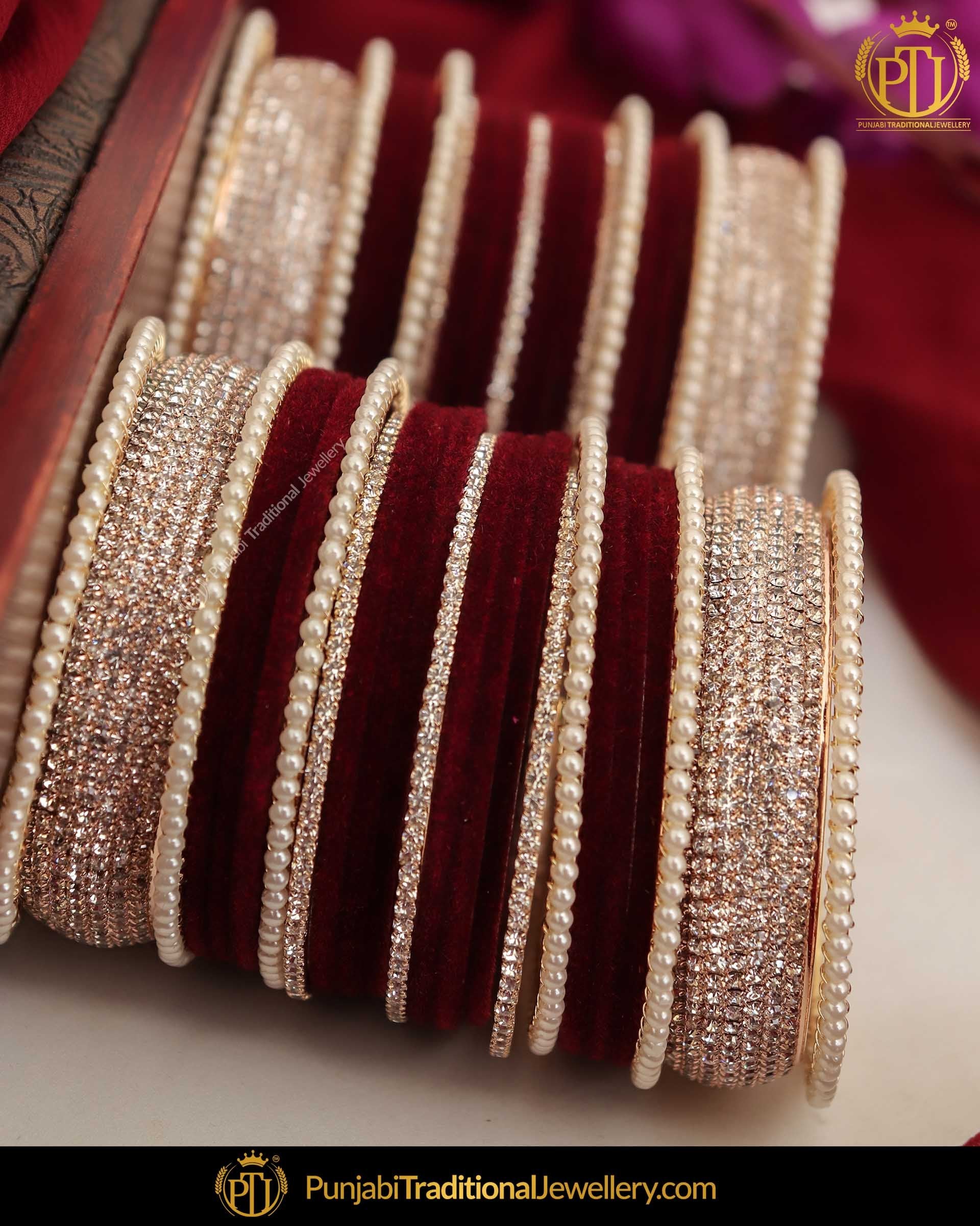 AD Stone Maroon Thread Pearl Bangles Set (Both Hands Pair) | Punjabi Traditional Jewellery Exclusive