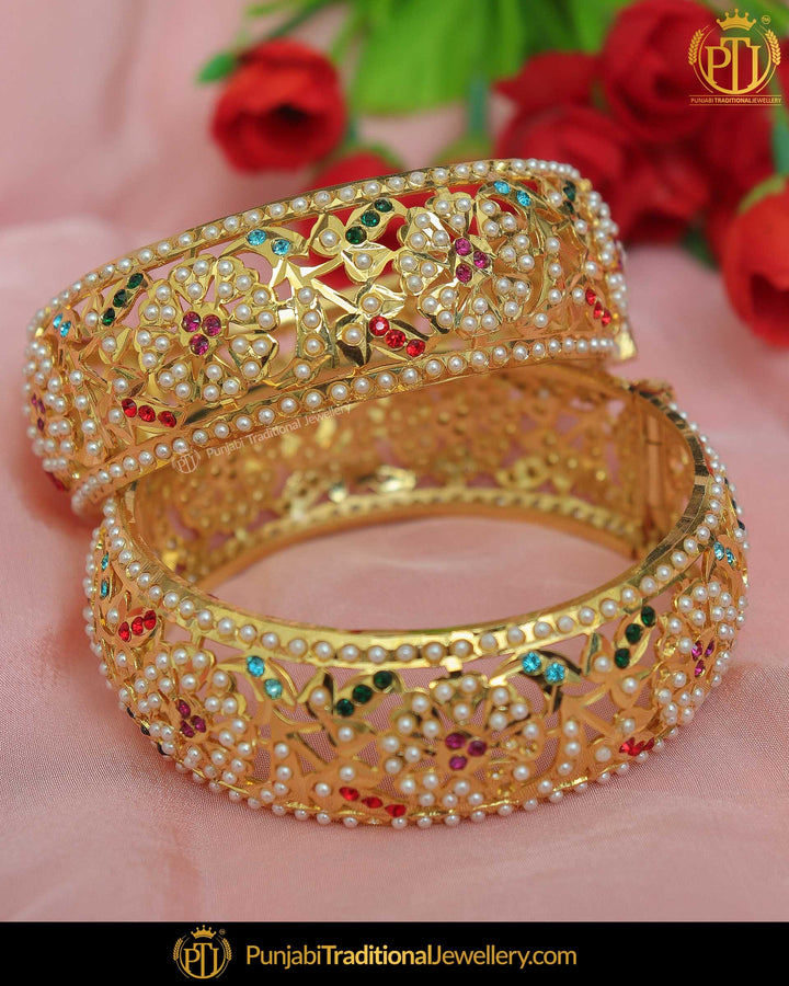 Gold Finished Navratan Jadau Karra Bangles (Pair)| Punjabi Traditional Jewellery Exclusive