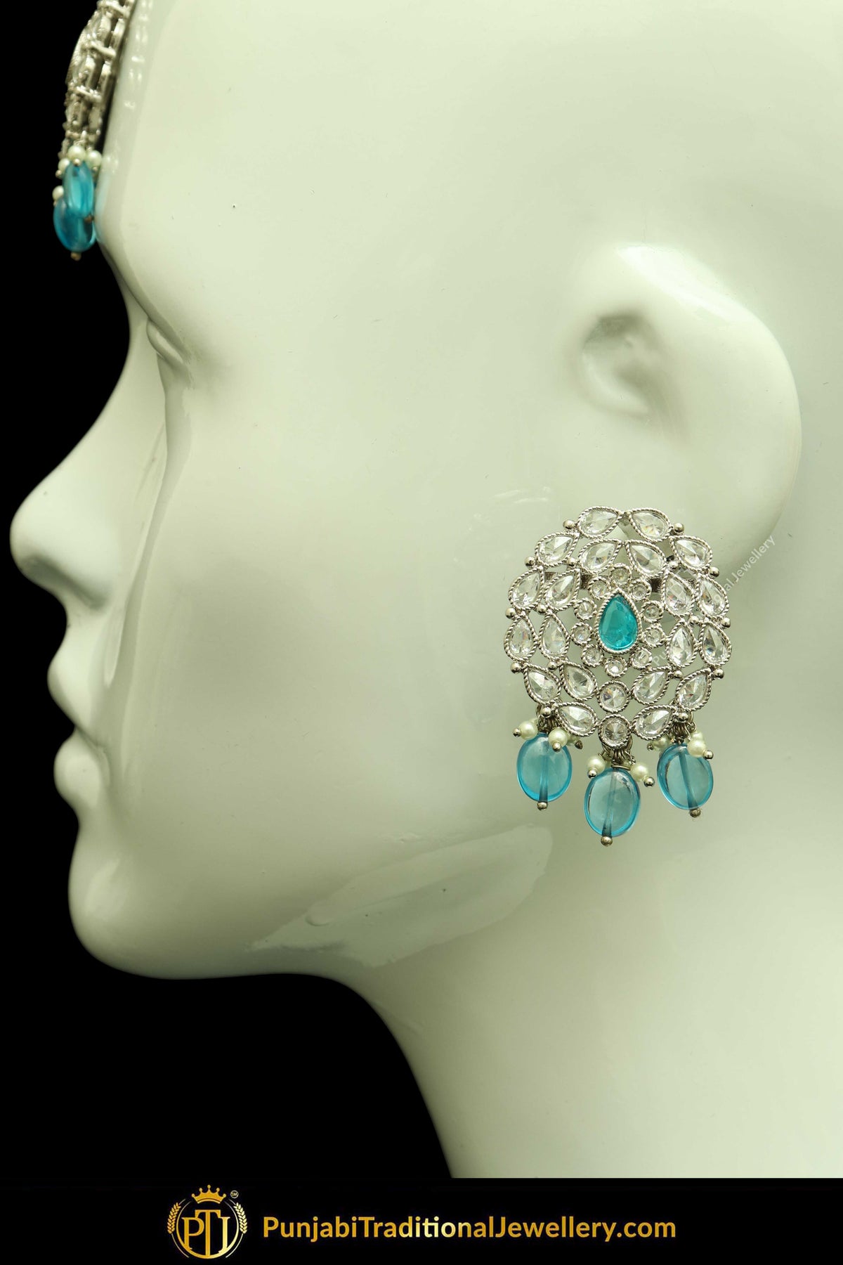 Silver Finished Polki Stone Lite Sky Drops Oversized Stud Earrings & Tikka Set By Punjabi Traditional Jewellery